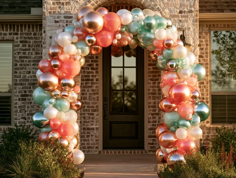 Gold, coral and mint organic balloon arch over a front door in Arlington TX
