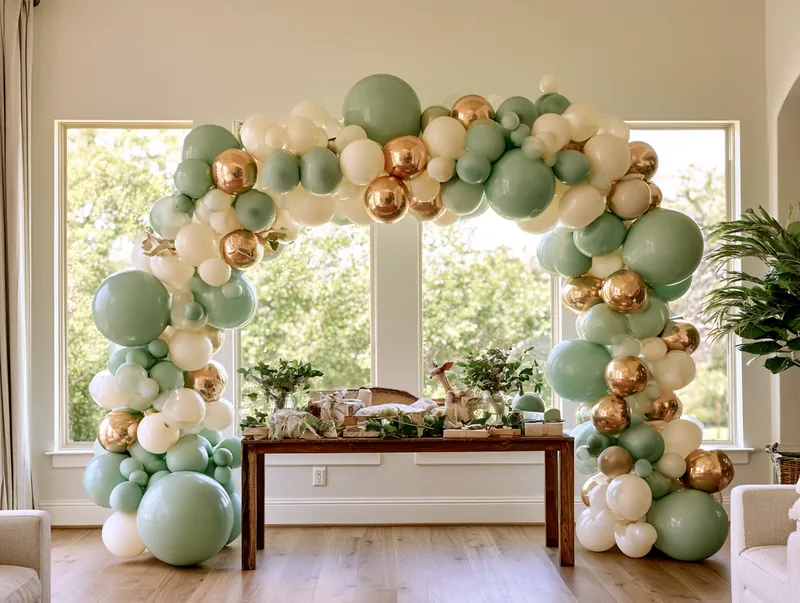 Baby shower balloon arch in sage, ivory and gold at an Arlington, Texas home